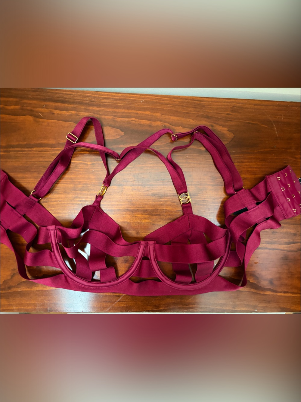 Victoria's Secret Wine Strappy Cage Bra with Gold Hardware